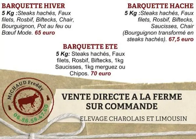 Vente directe de viande de bœuf. Colis de viande à la ferme, sur commande. Prestations de Freddy Michaud – EARL des Petits Criots