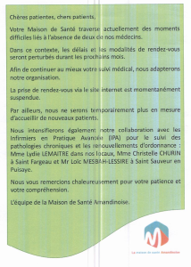 Informations concernant les restrictions de la maison de santé de Saint Amand en Puisaye