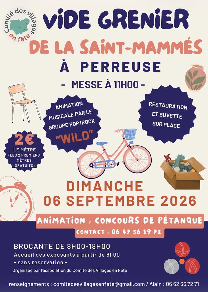 Vide-grenier de la Saint-Mammès à Perreuse le 6 septembre 2026, restauration et buvette sur place, animation musicale par le groupe pop/rock "Wild"